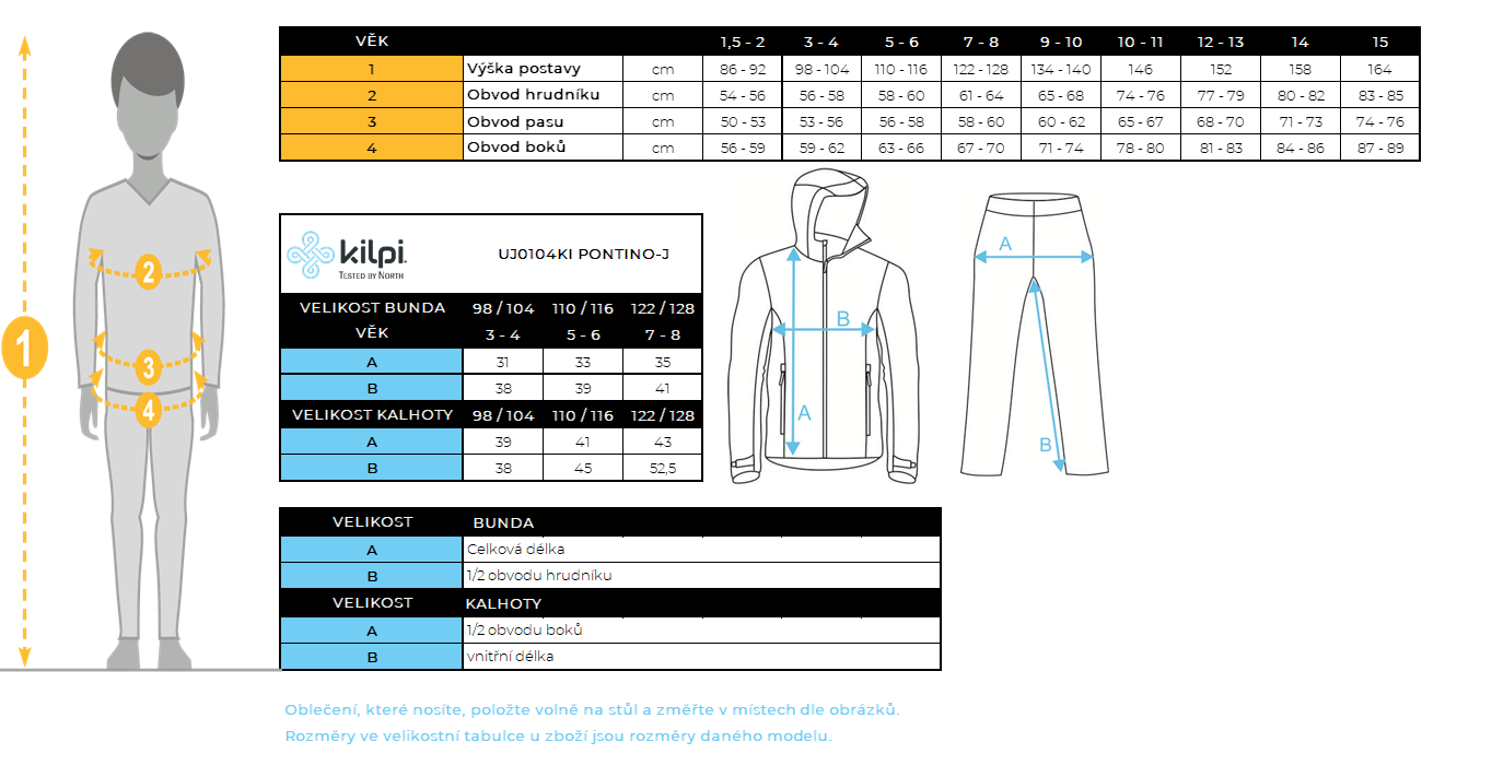 Kilpi Pontino J velikostní tabulka